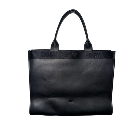 DKNY Black Leather Tote Bag With Handles & Logo Design - Picture 1 of 8